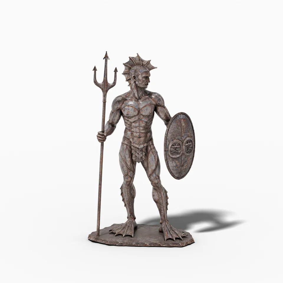 Neptun aus geschmiedetem Eisen mit Dreizack und Schild