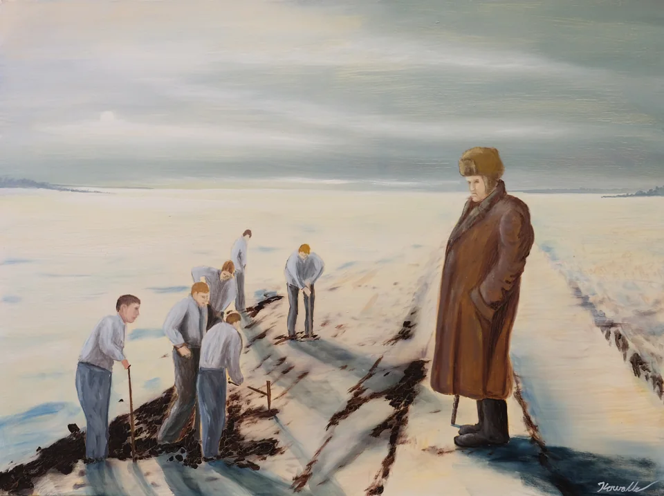 Mehrere gebeugte Menschen arbeiten in einer weiten hellen Landschaft; rechts steht eine Person in langem braunem Mantel. - Eckhard Kowalke