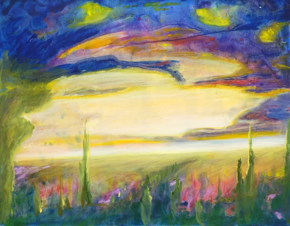 Expressive Landschaft mit leuchtend hellem Horizont, violett-blauem Wolkenhimmel und grünen aufragenden Pflanzen. - Eckhard Kowalke
