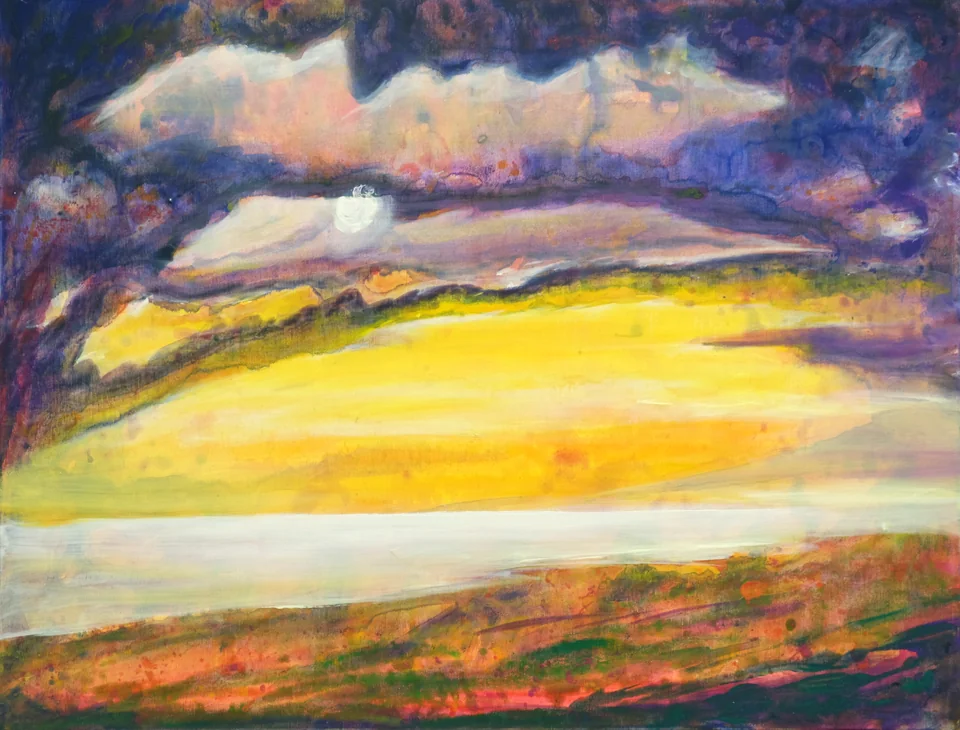 Expressive Landschaft mit dunklen violetten Wolken, gelbem Himmel und einem rotgrün gegliederten Vordergrund. - Eckhard Kowalke
