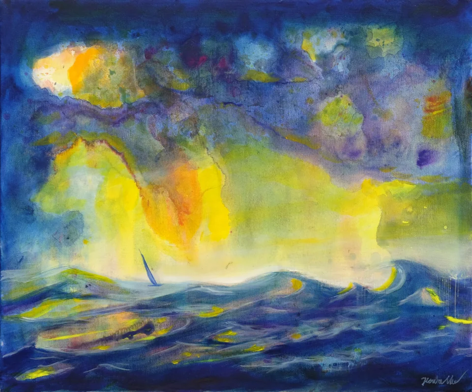 Dunkelblaues bewegtes Meer unter einem gelbgrünen Lichtschein und wolkigem blauviolettem Himmel. - Eckhard Kowalke