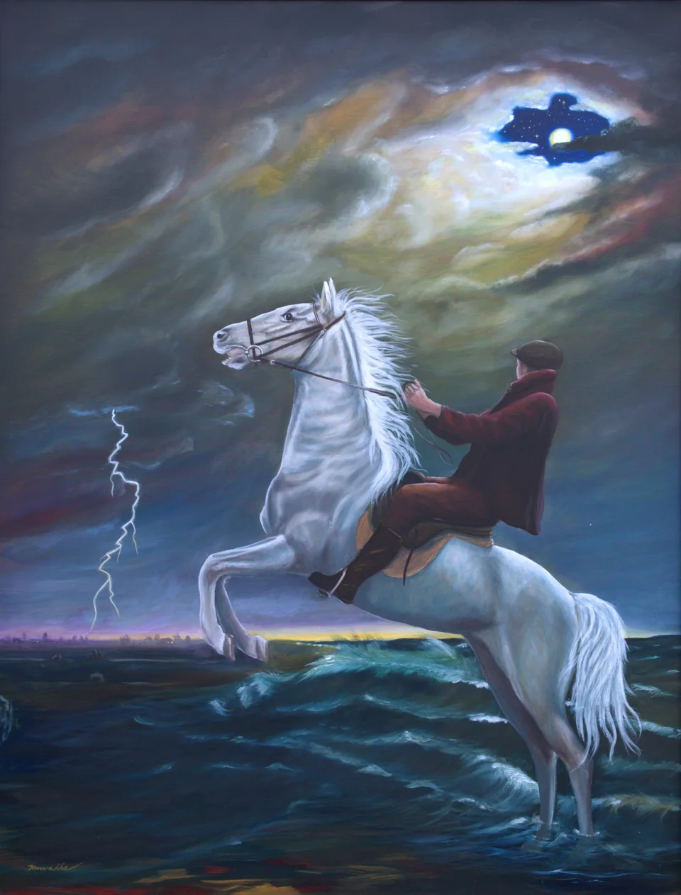 Reiter auf einem weißen Pferd vor nächtlichem Meer und Gewitter - Eckhard Kowalke